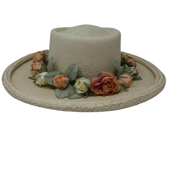 Callanan Floral Straw Boater Hat Womens OS Tan Pink Rose Garden Party Wide Brim main image 4